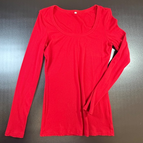 Unbranded Tops - Women Red Ribbed Long Sleeve Scoop Neck Top Small Casual Basic Layering J10
